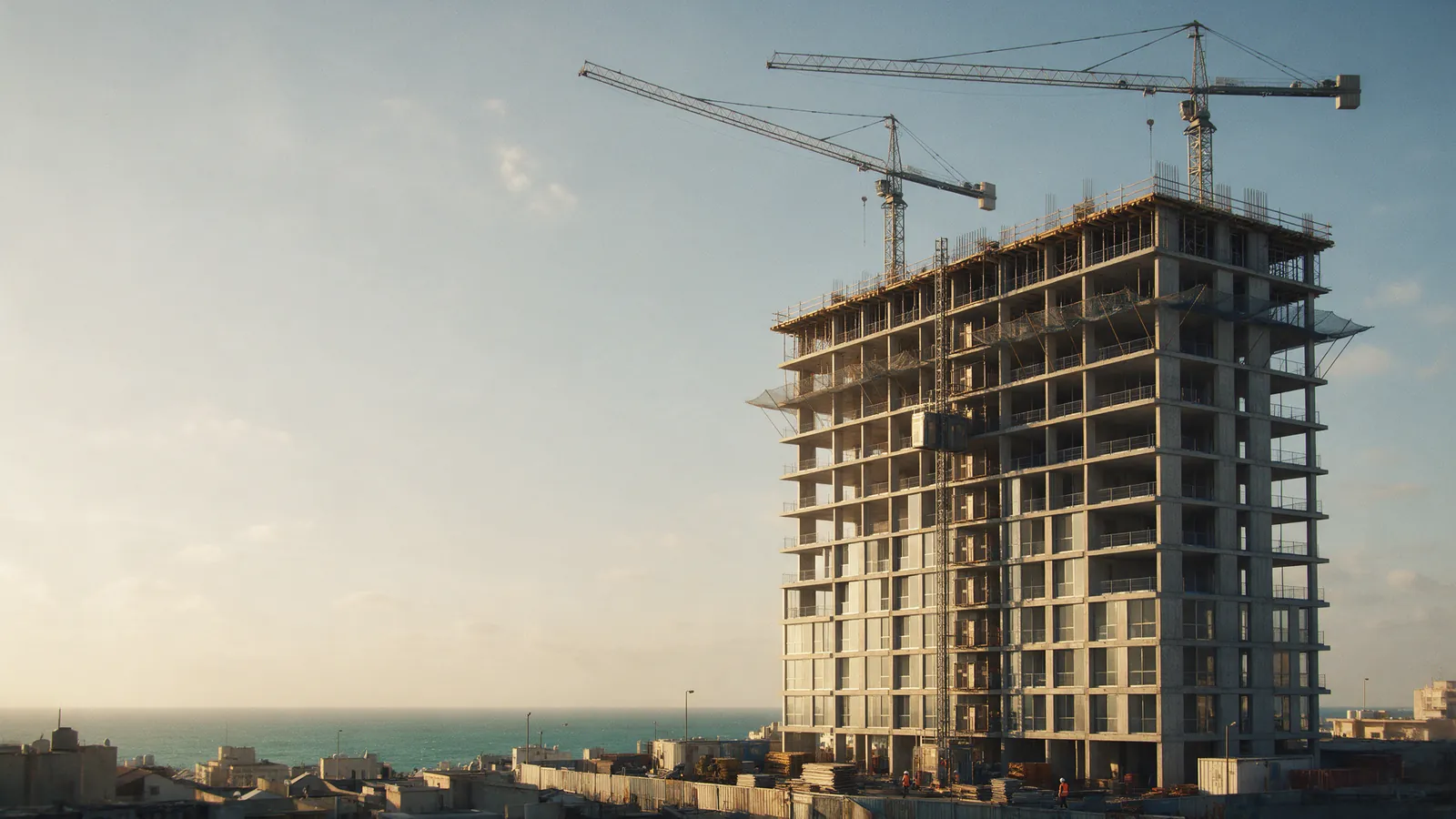 A concrete tower under construction with two tower cranes against the evening sky.