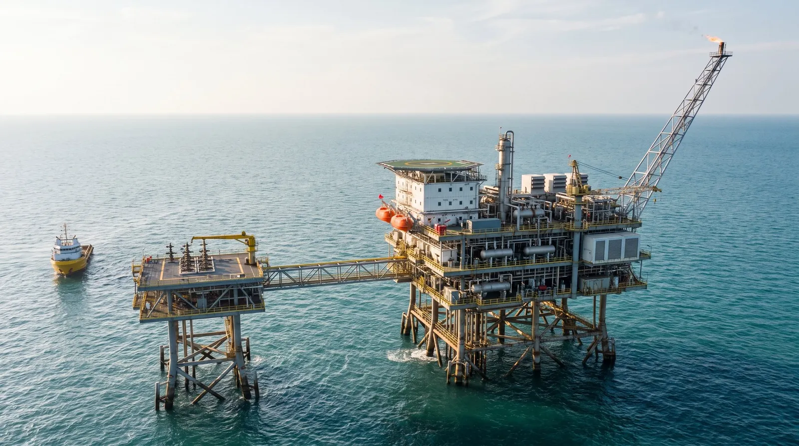 Aerial view of an offshore gas platform pair linked by a bridge, with a flare tower.